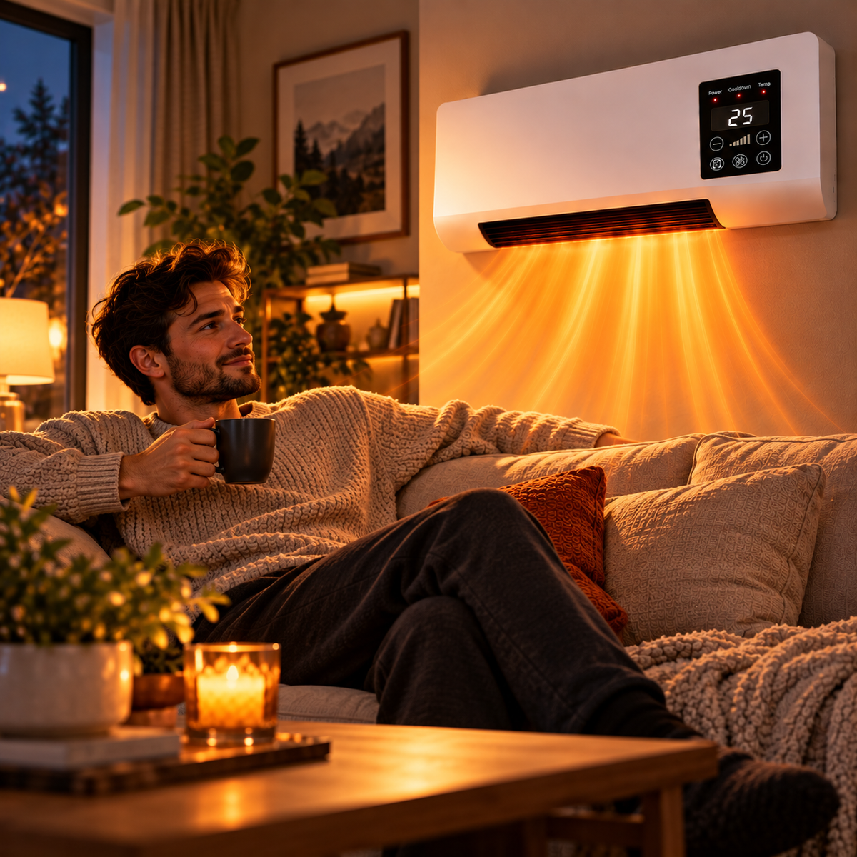 Man relaxing on a sofa with a mug while warm air flows from the wall heater 3