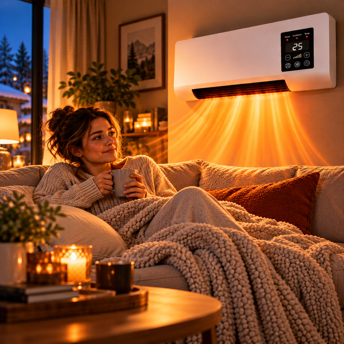 Smiling woman wrapped in a knitted blanket holding a mug, warm air streaming from the wall heater 5