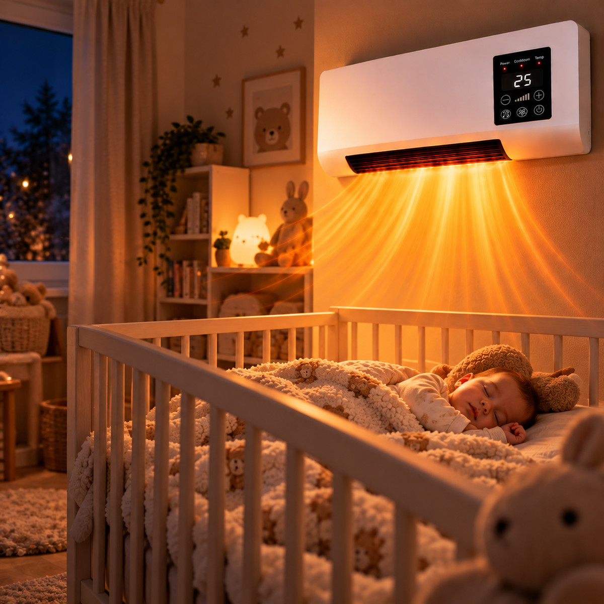 Baby asleep in a cot in a nursery, warm air glowing from the wall heater above 4