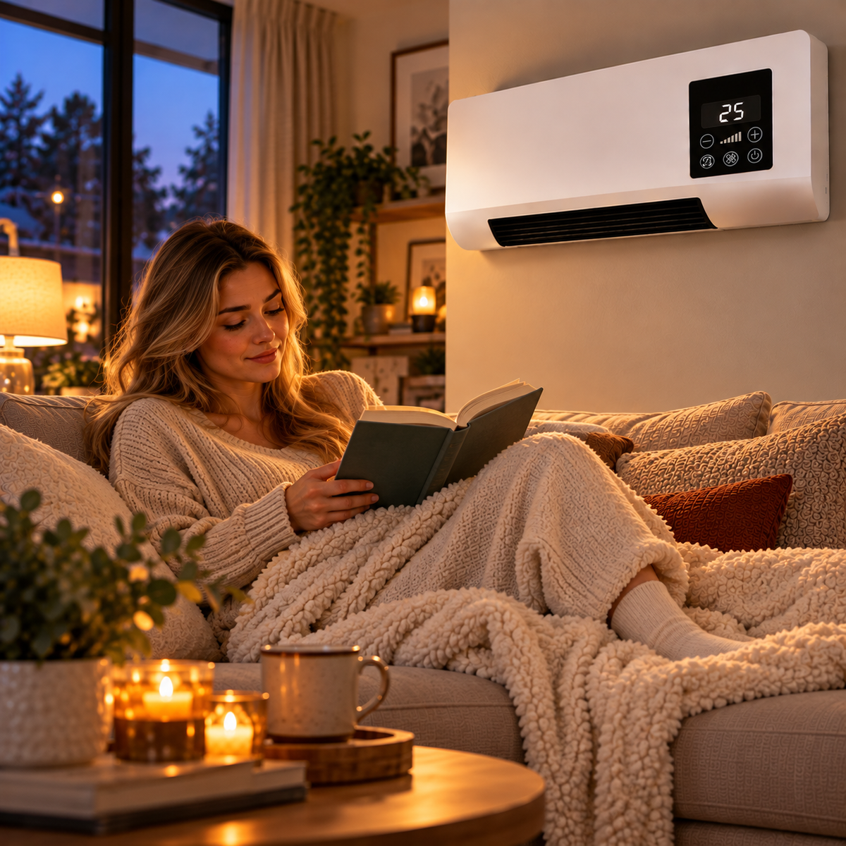 Woman reading a book under a fluffy blanket on a sofa, heater on wall behind 2