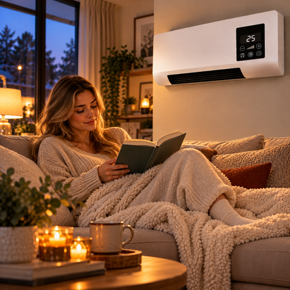 Woman reading a book under a fluffy blanket on a sofa, heater on wall behind 2