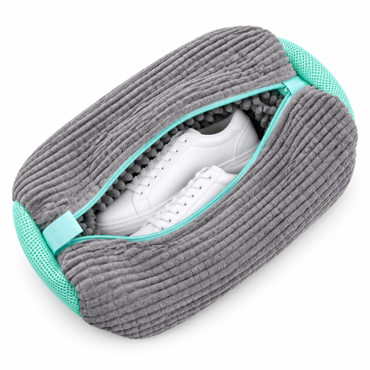 Grey ribbed plush shoe washing bag with teal mesh ends, partly unzipped to show white trainers 10
