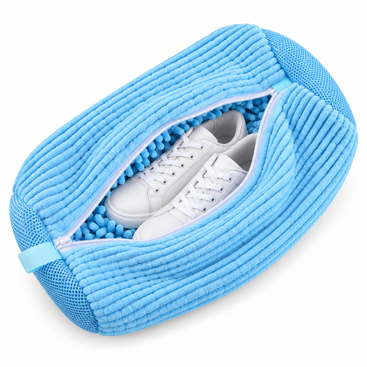 Light blue ribbed plush shoe washing bag with mesh ends, partly unzipped to show white trainers 11