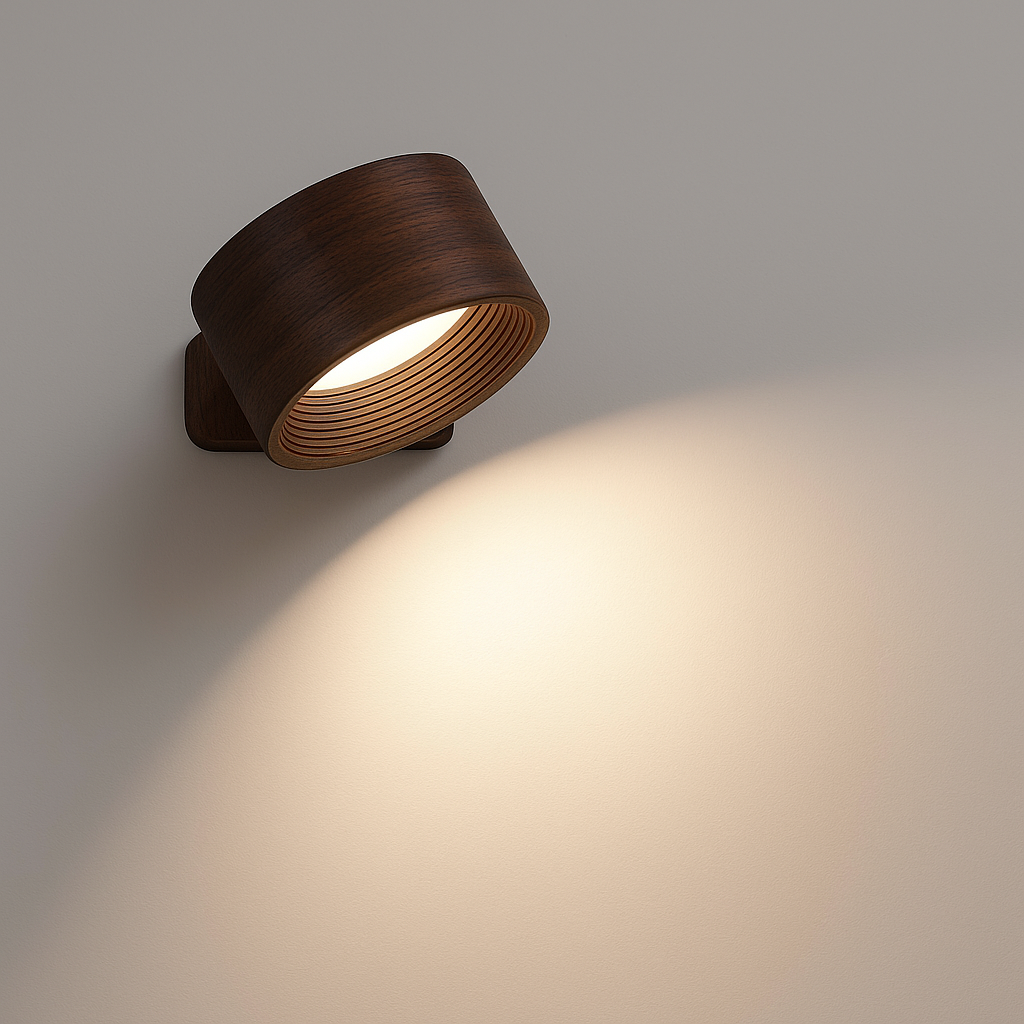 Dark brown wood-effect version of the wall light, lit, with a ribbed inner ring and a soft beam below. 4