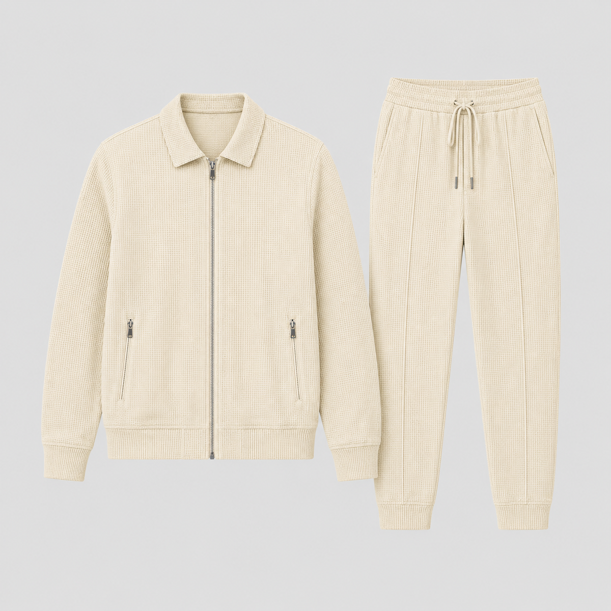 Flat lay of the cream zip jacket and cuffed drawstring trousers side by side 6