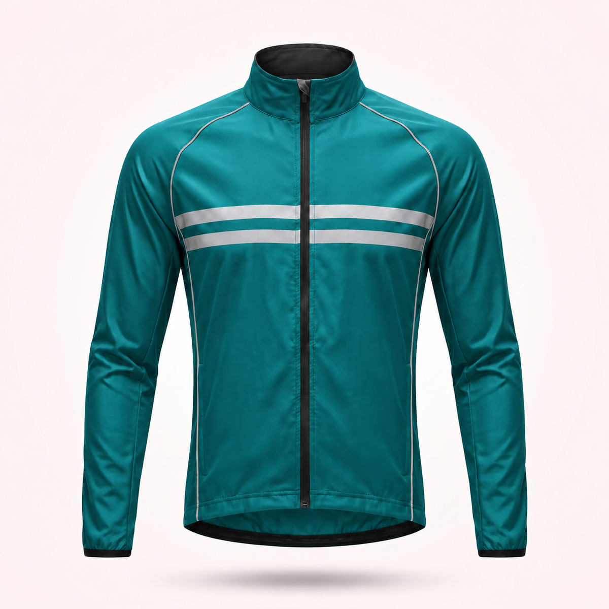 Front view of the teal cycling jacket with stand-up collar, full zip and two grey reflective stripes across the chest. 14