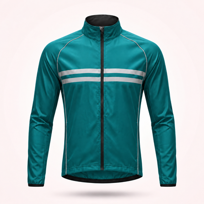 Front view of the teal cycling jacket with stand-up collar, full zip and two grey reflective stripes across the chest. 14