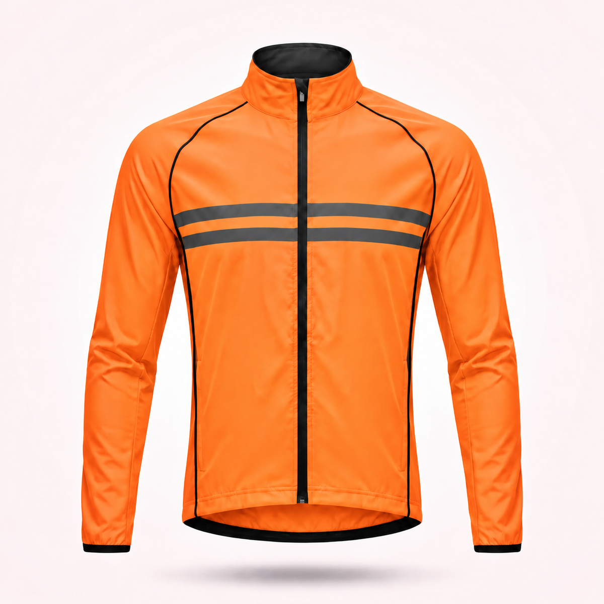 Front view of the bright orange cycling jacket with black piping, full zip and two grey reflective chest stripes. 15