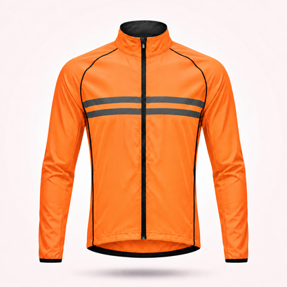 Front view of the bright orange cycling jacket with black piping, full zip and two grey reflective chest stripes. 15