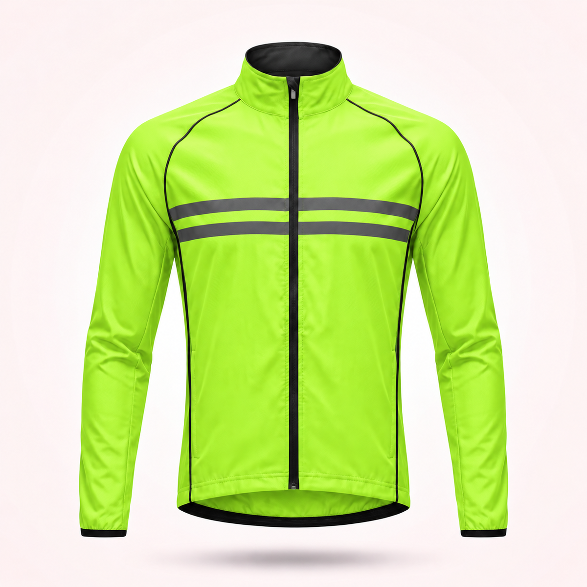 Front view of the fluorescent yellow-green cycling jacket with black piping, full zip and two grey reflective chest stripes. 16