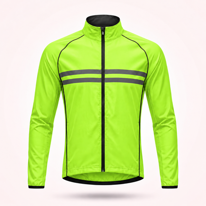 Front view of the fluorescent yellow-green cycling jacket with black piping, full zip and two grey reflective chest stripes. 16