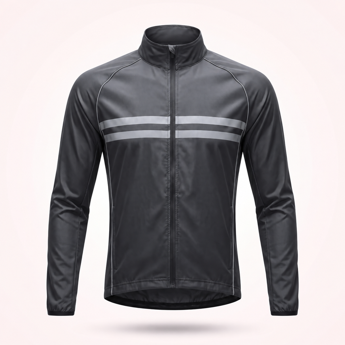 Front view of the black cycling jacket with stand-up collar, full zip and two grey reflective stripes across the chest. 1