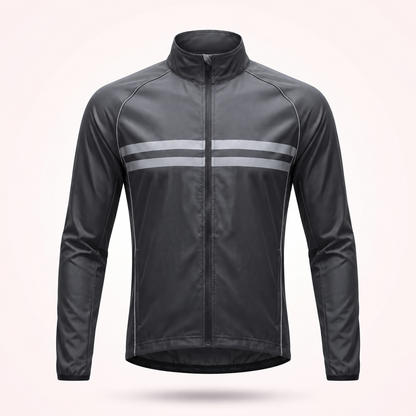 Front view of the black cycling jacket with stand-up collar, full zip and two grey reflective stripes across the chest. 1