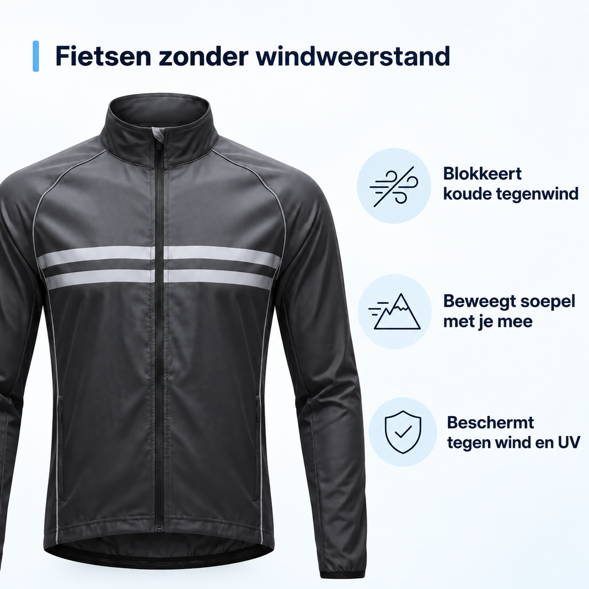 Front of the black jacket shown beside three small icons highlighting wind protection and freedom of movement. 3