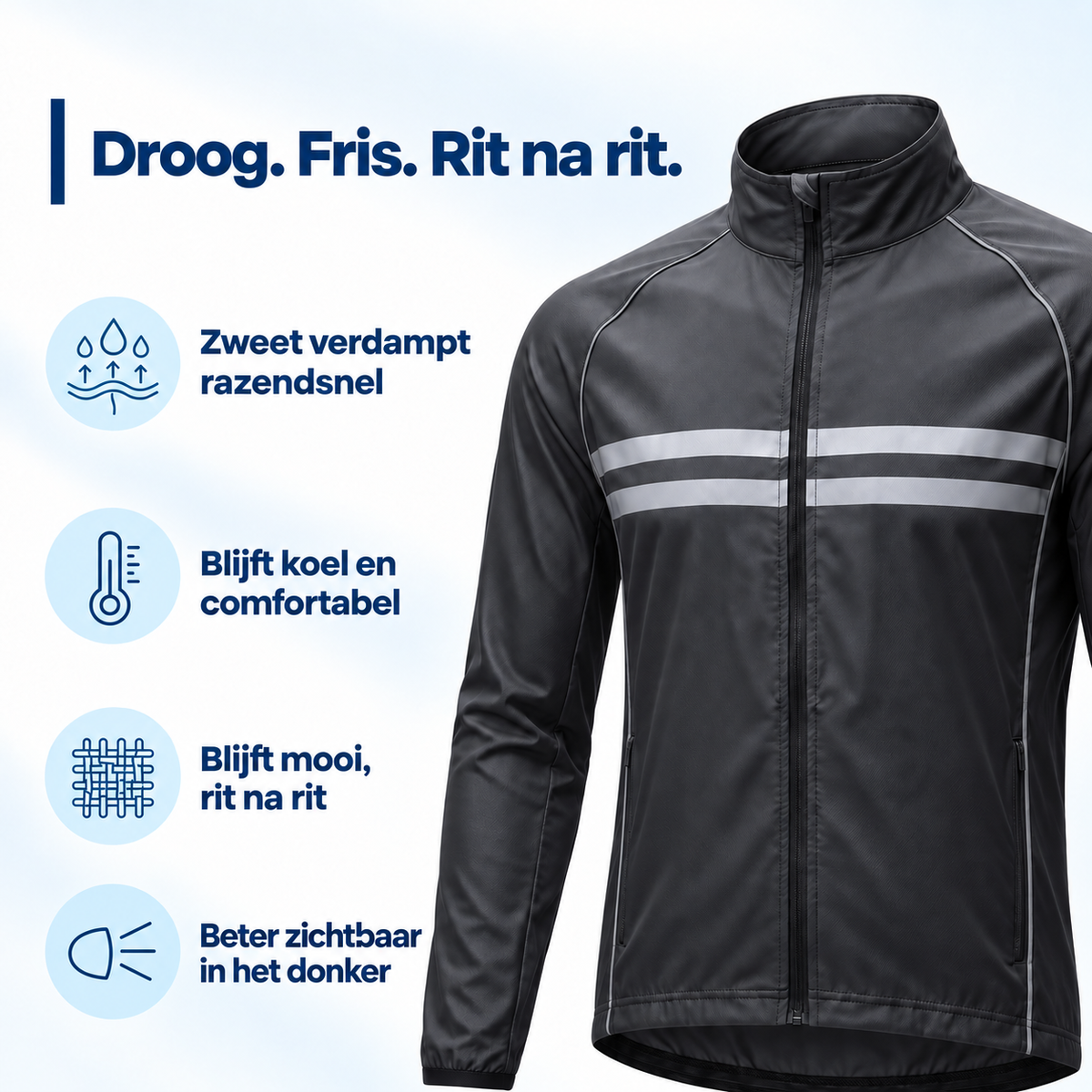 Angled view of the black jacket with two reflective chest stripes, surrounded by icons for quick-drying, cool comfort and visibility. 4