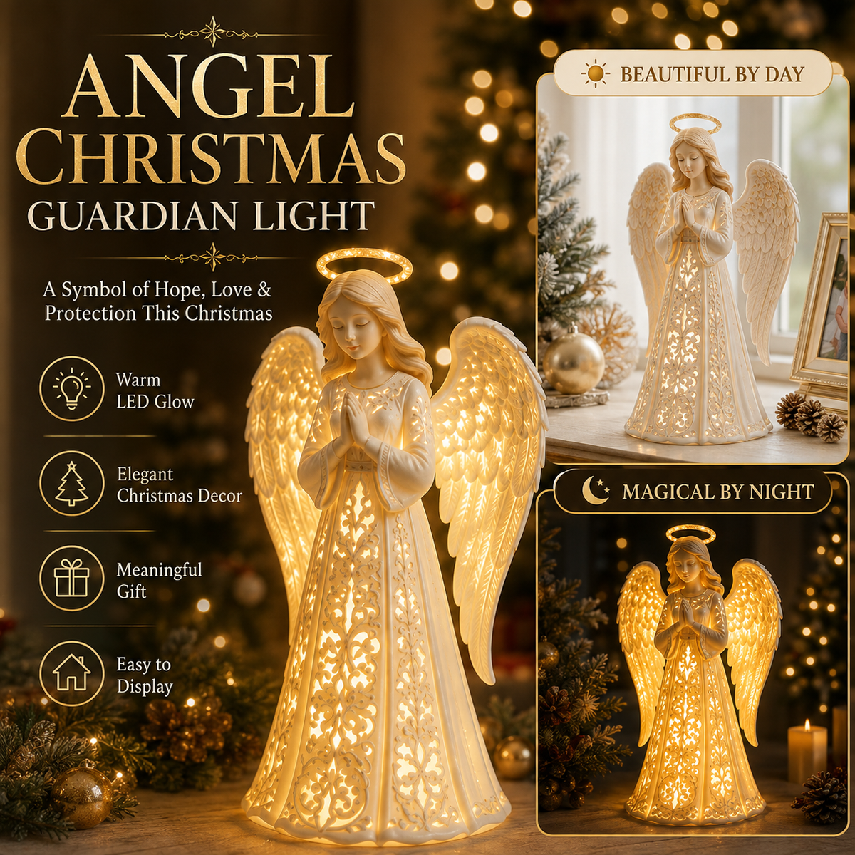 Large lit angel with smaller views of it on a sunny windowsill and glowing at night 4