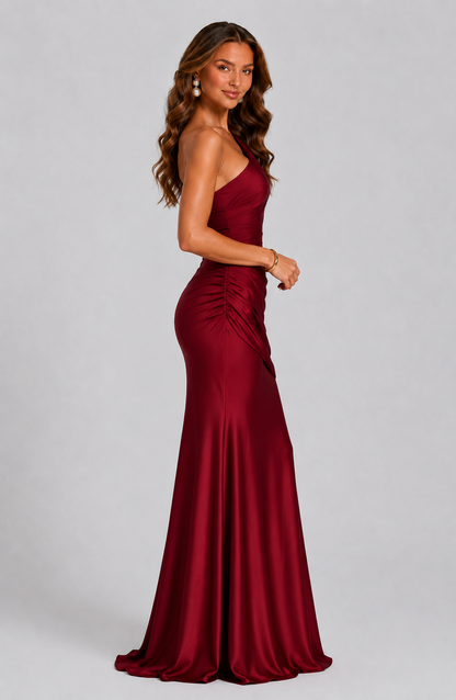 One Shoulder Draped Satin Maxi Dress 11