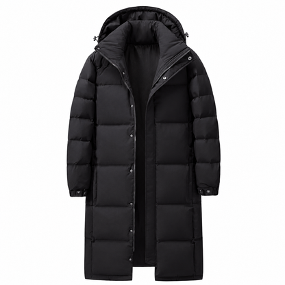 Black hooded long puffer coat shown unzipped on a plain white background, with snap-button placket 1