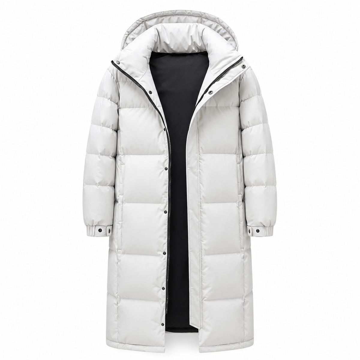 White hooded long puffer coat displayed unzipped on a plain background, showing its black inner lining 8