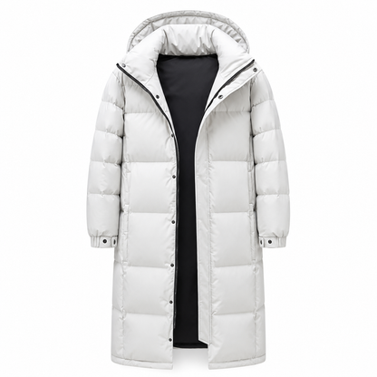White hooded long puffer coat displayed unzipped on a plain background, showing its black inner lining 8