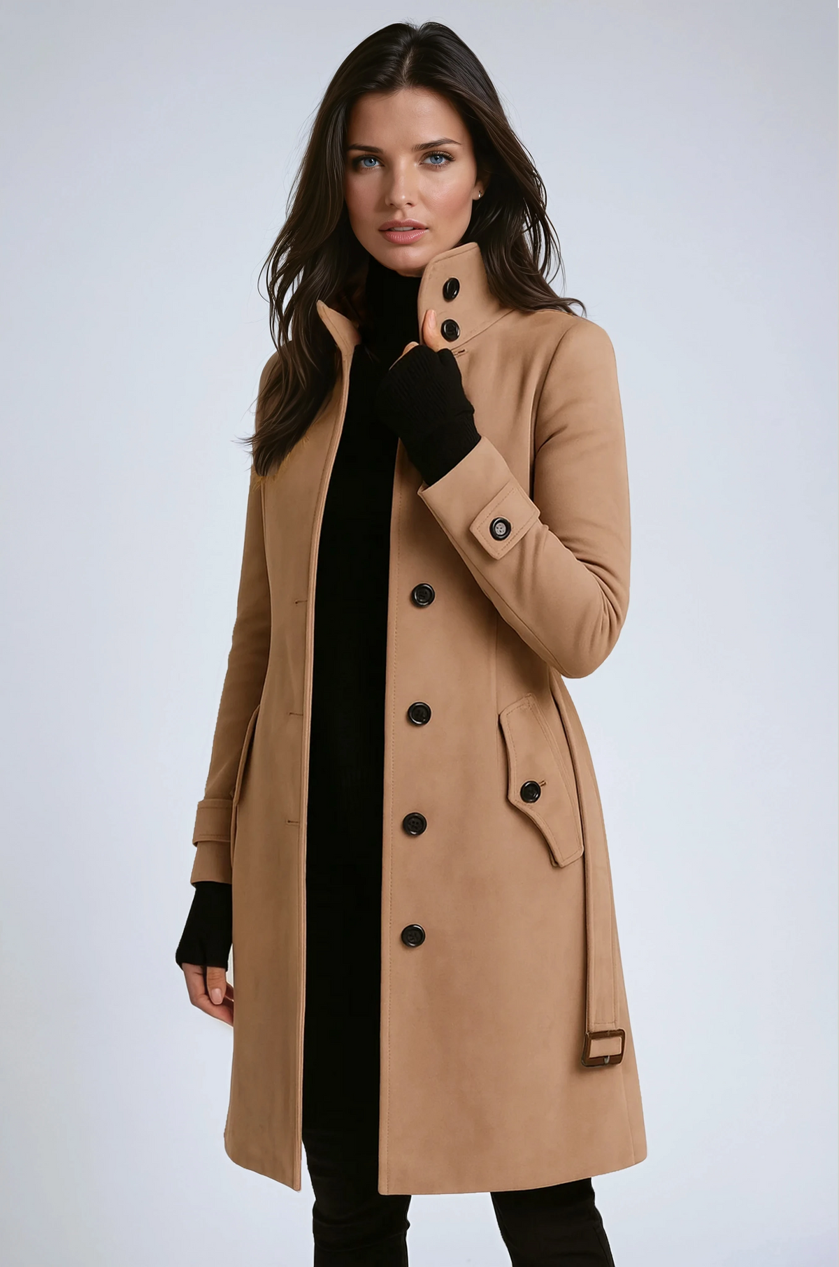Model in a camel buttoned coat with belt, raising the stand-up collar with one hand 1