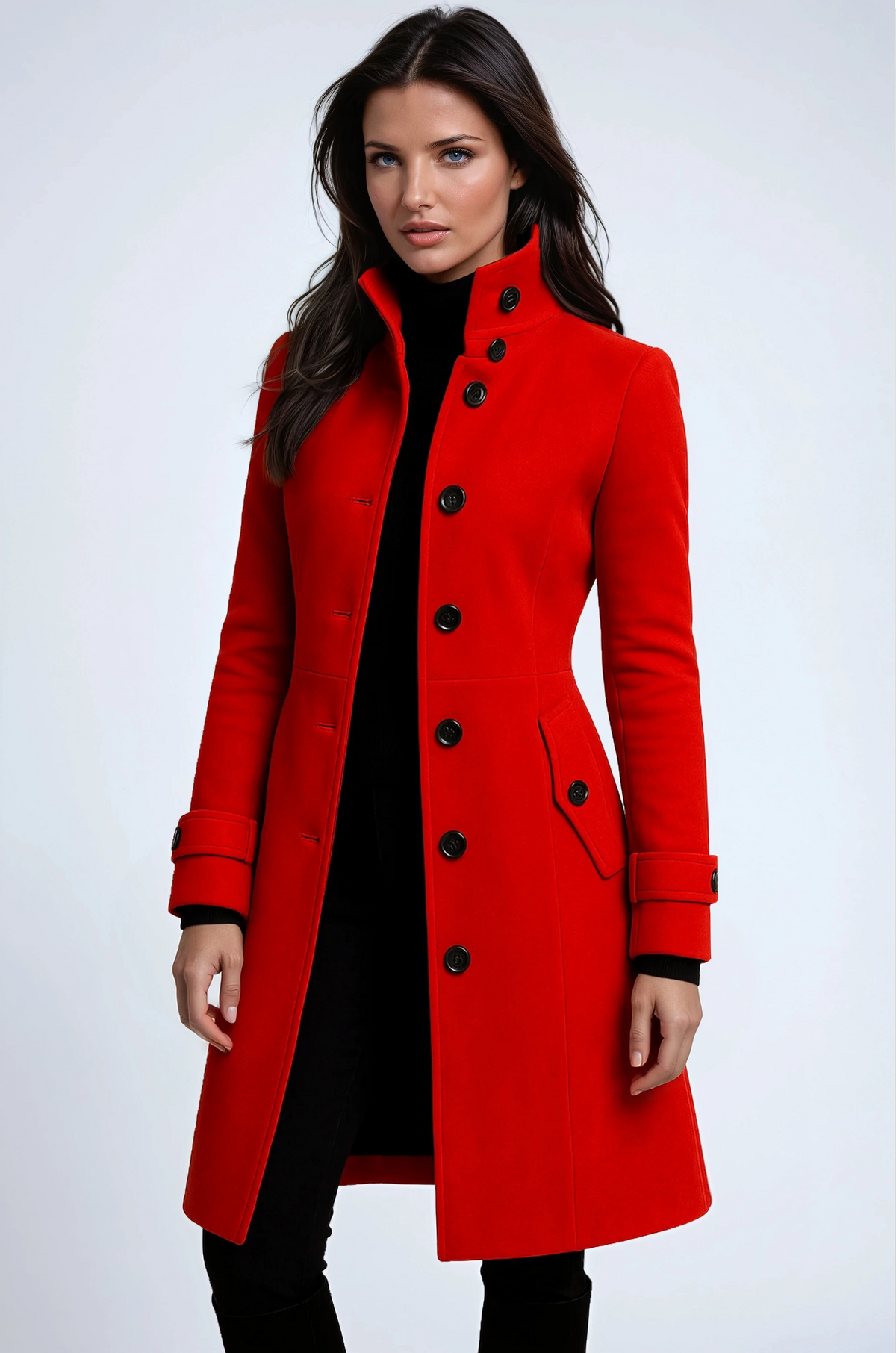 Model wearing the coat in bright red, buttoned front, flap pocket and strapped cuffs visible 3
