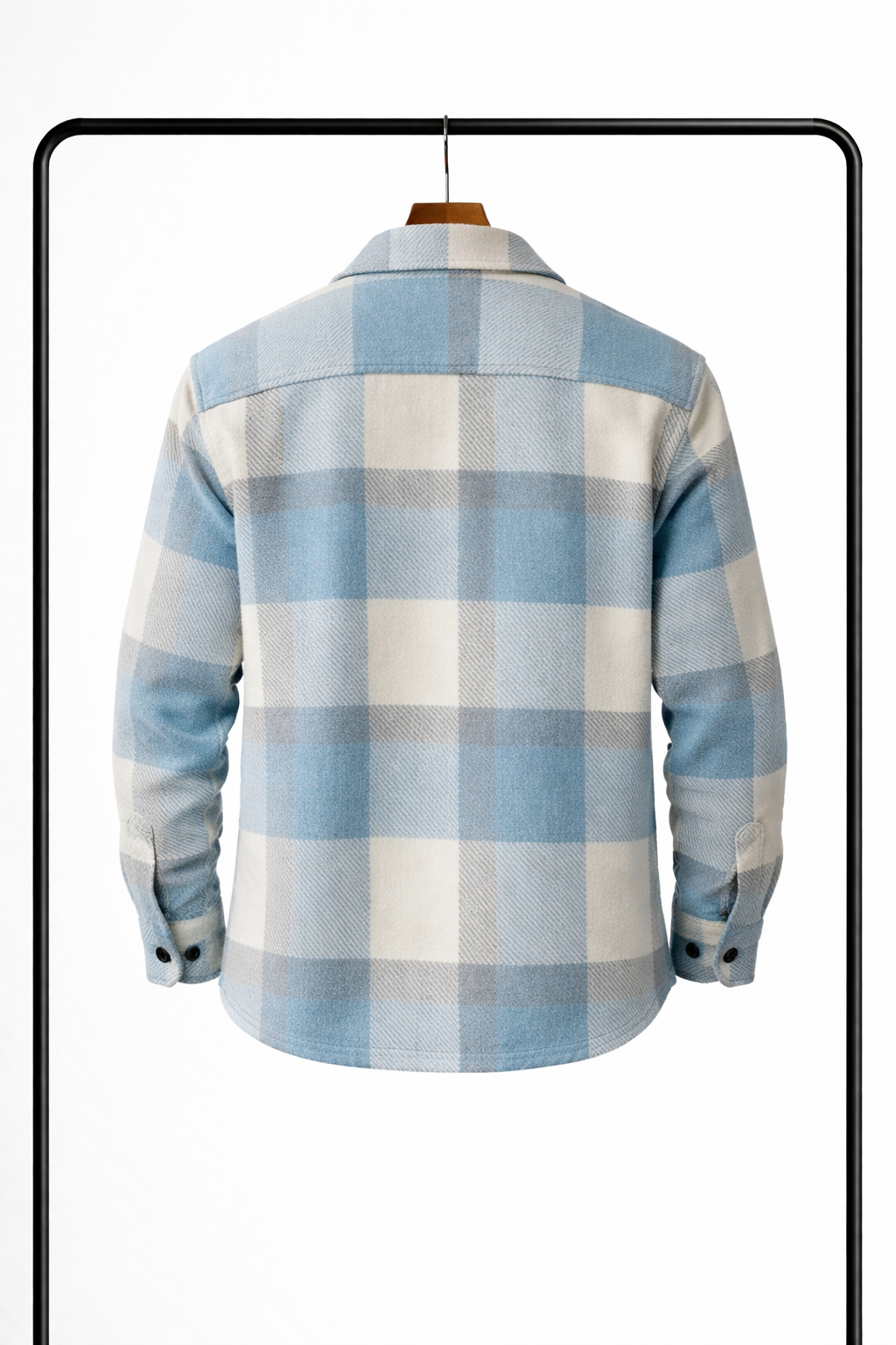 Back view of the pale blue, cream and grey checked overshirt on a hanger, showing the yoke and buttoned cuffs. 2