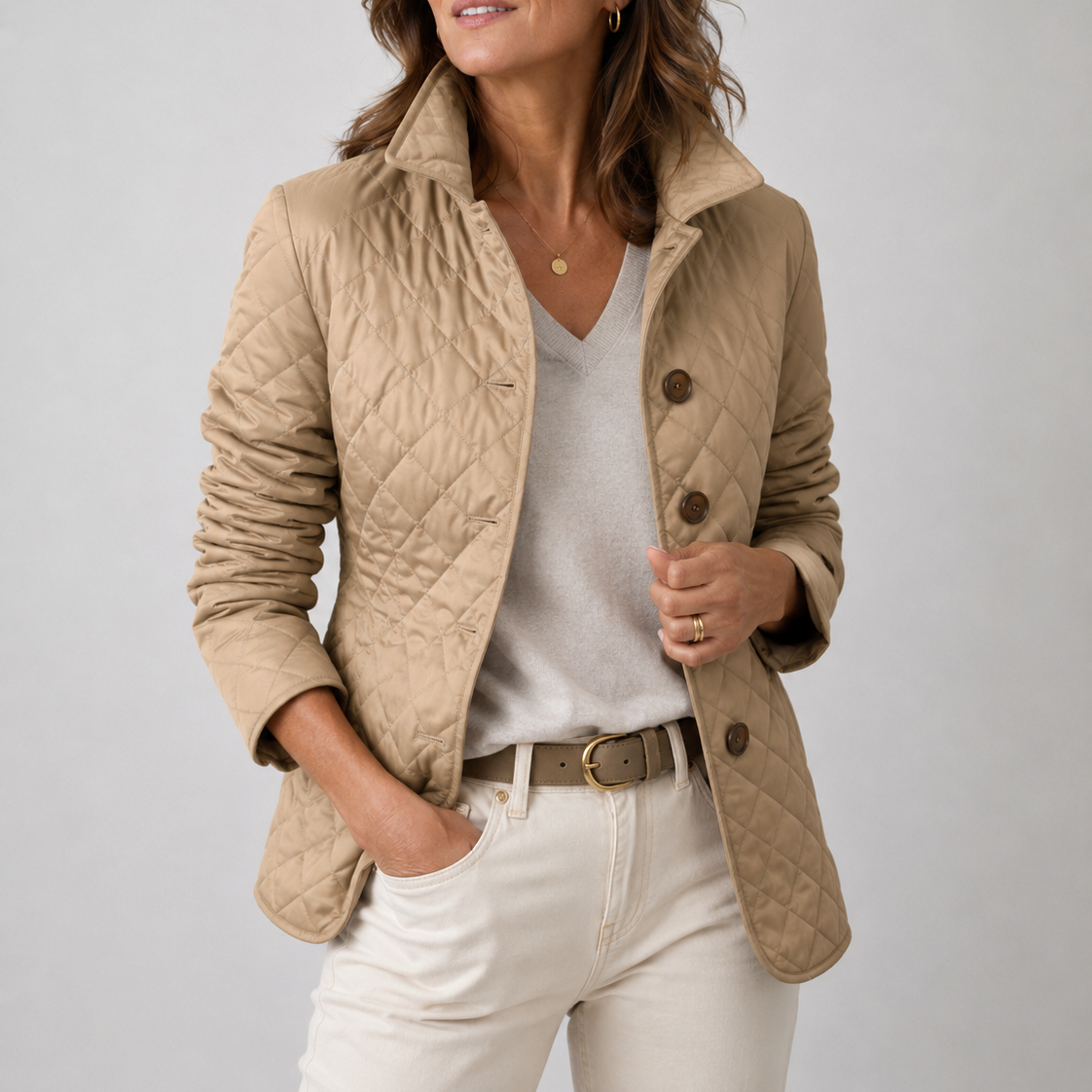 Woman wearing the camel diamond-quilted jacket open over a grey jumper, with cream jeans and a belt 1