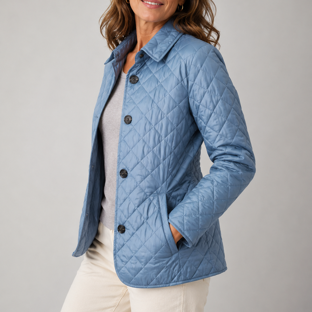Side view of the light blue quilted jacket, buttoned, with a hand in the pocket 4
