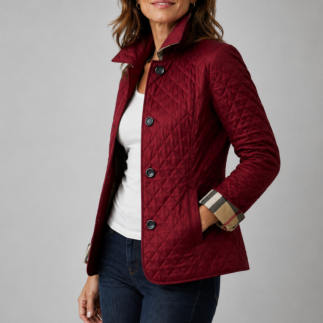 Burgundy quilted jacket with a high collar and checked cuff lining, worn with jeans 5