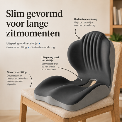 Cushion on a wooden chair with pointers to the supportive back, tailbone cut-out and contoured seat 7