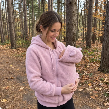 Woman in a pink sherpa hoodie walking through autumn woodland, her sleeping baby tucked into the zip-on carrier panel. 2