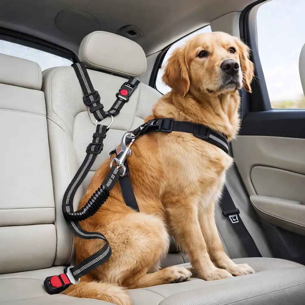 Golden retriever sitting on a cream back seat, wearing a harness clipped to the black seat belt strap 1