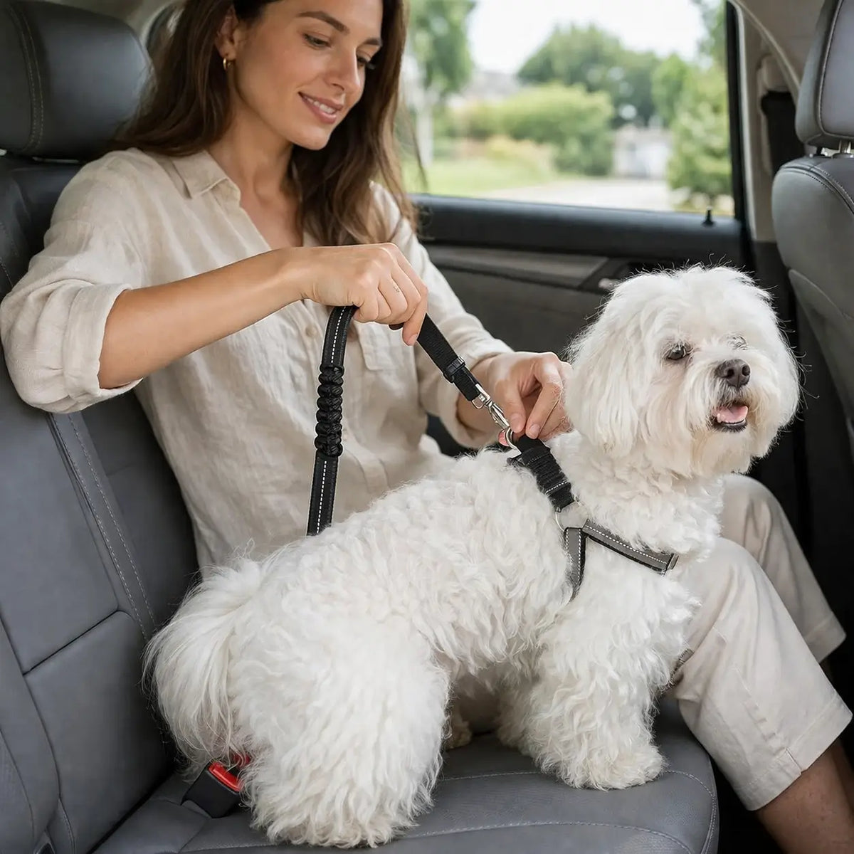 Woman on a grey back seat fastening the strap's clip to the harness of a fluffy white dog 10