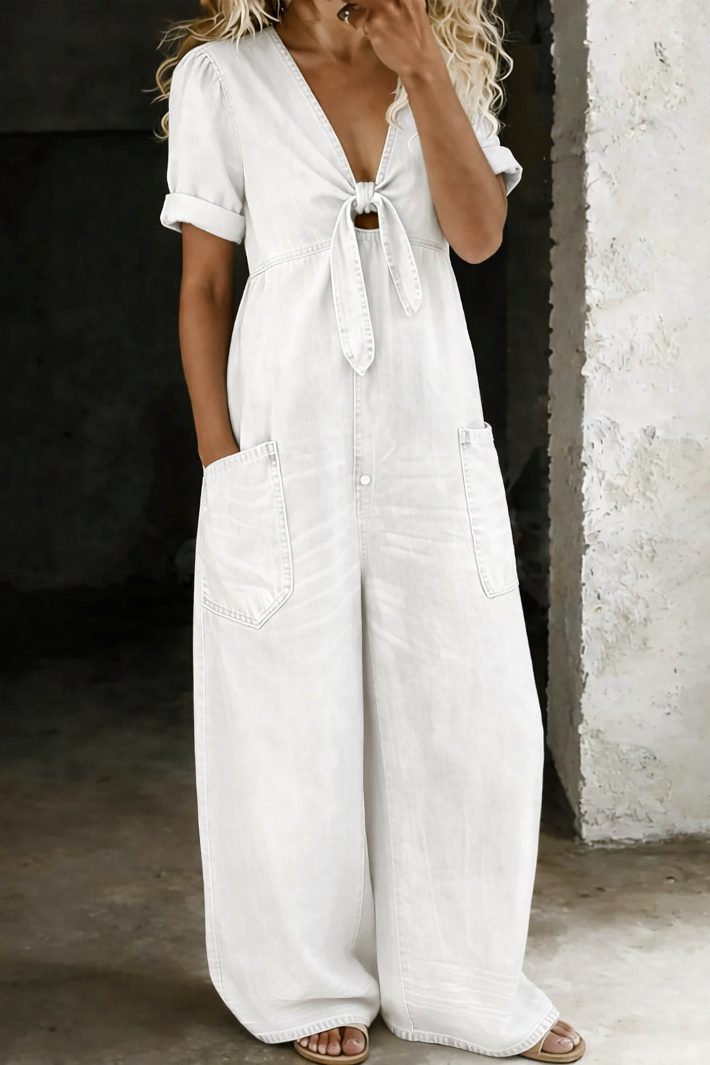 Front view of the jumpsuit on a model in white denim, with tie front and patch pockets 4