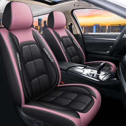 Front seat covers in black and pink with white stitching, shown fitted to both seats in a larger, sharper photo. 14