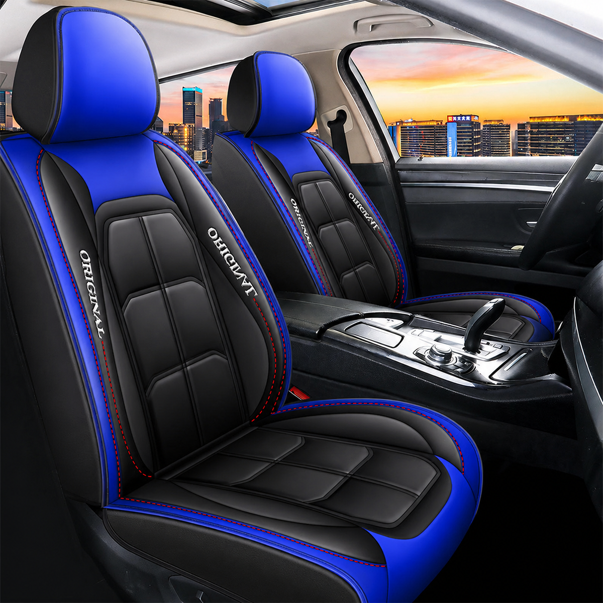 Front seat covers in black and bright blue with red stitching, shown fitted to both front seats in a high-resolution view. 16