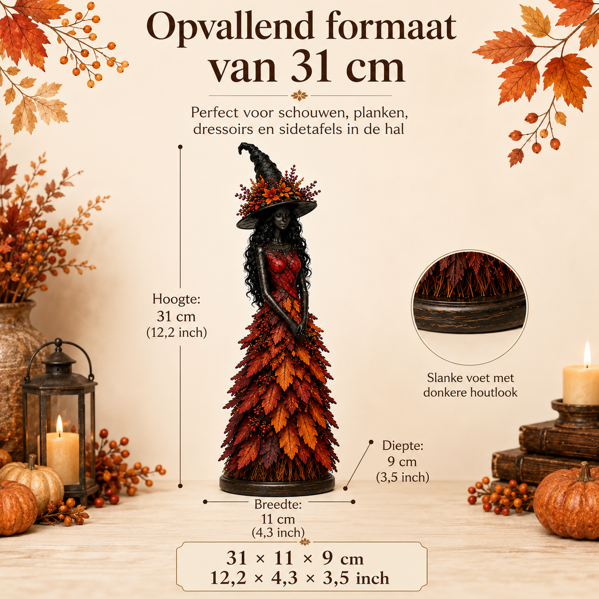 Red-dressed witch figurine shown front-on with height, width and depth measurements marked, plus a circular close-up of its dark wood-look base. 3