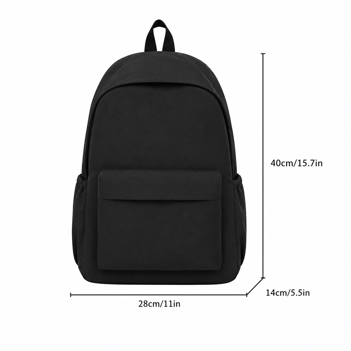 Black backpack on a white background with dimension lines marking height, width and depth in centimetres and inches. 9