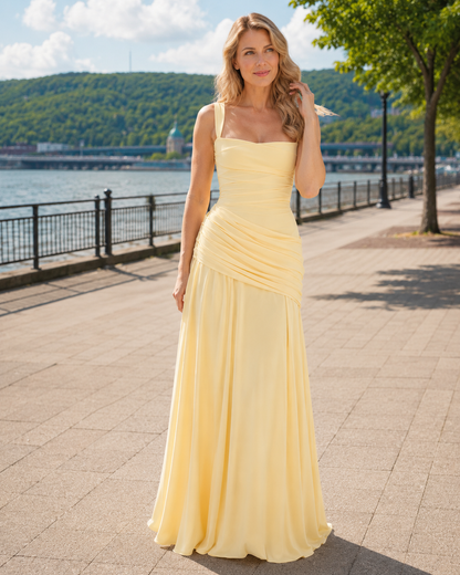 Women's Maxi Dress with Square Neck, Gathered Waist & Back Lace-Up 1