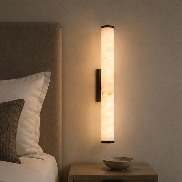 Illuminated marble wall light with dark end caps beside a bed headboard, above a wooden bedside table holding a shallow bowl. 9