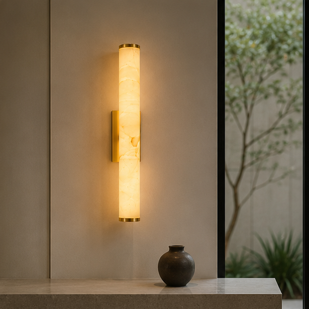 Brass-tone marble wall light glowing on a plain wall beside a glass door, with a small dark vase on a stone ledge below. 10