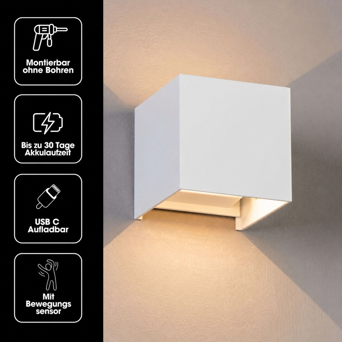 White cube wall lamp casting light up and down, with four icons listing drill-free mounting, battery life, USB-C charging and motion sensor. 19