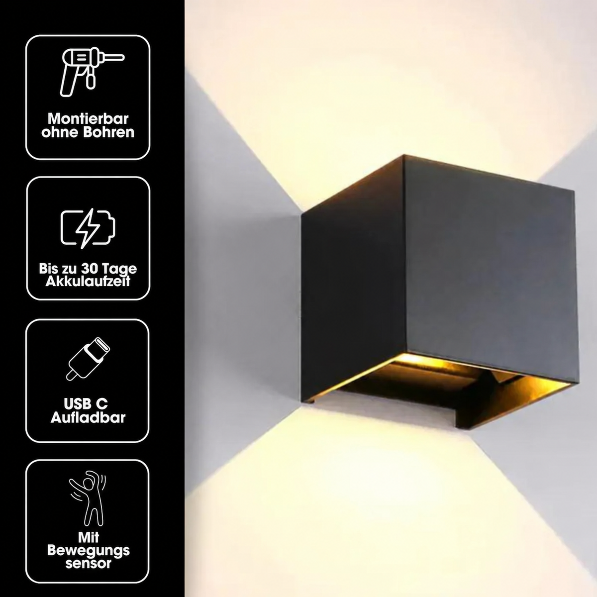 Black cube wall lamp casting light up and down, with four icons listing drill-free mounting, battery life, USB-C charging and motion sensor. 18