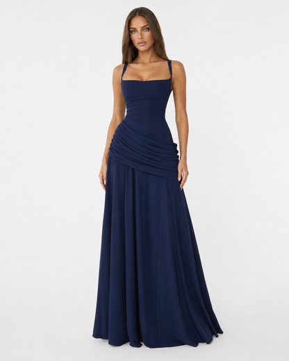 Women's Maxi Dress with Square Neckline and Side Draping 15