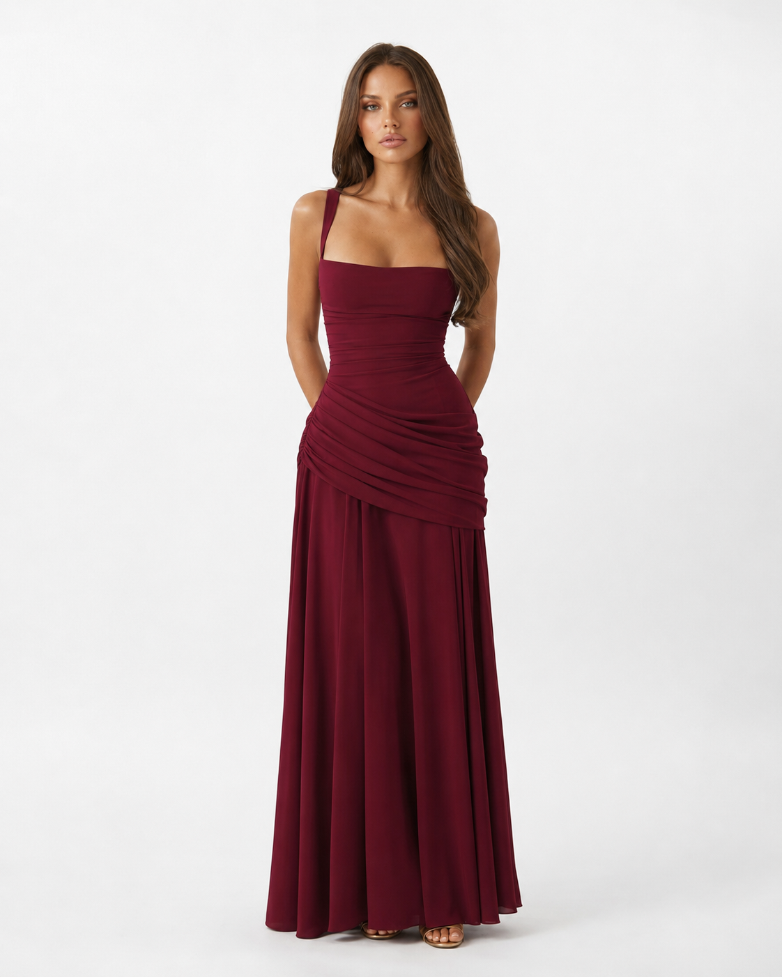 Women's Maxi Dress with Square Neckline and Side Draping 16