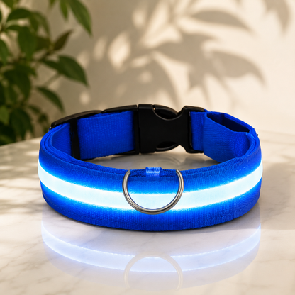 Blue nylon collar with a glowing white-blue light strip, black clip buckle and metal D-ring, standing on a marble surface. 1