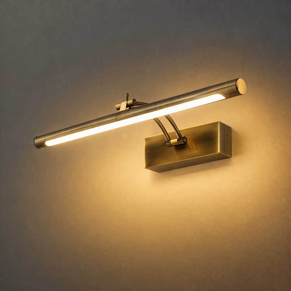 Lit antique brass tube light on a wall, giving off a warm glow 16