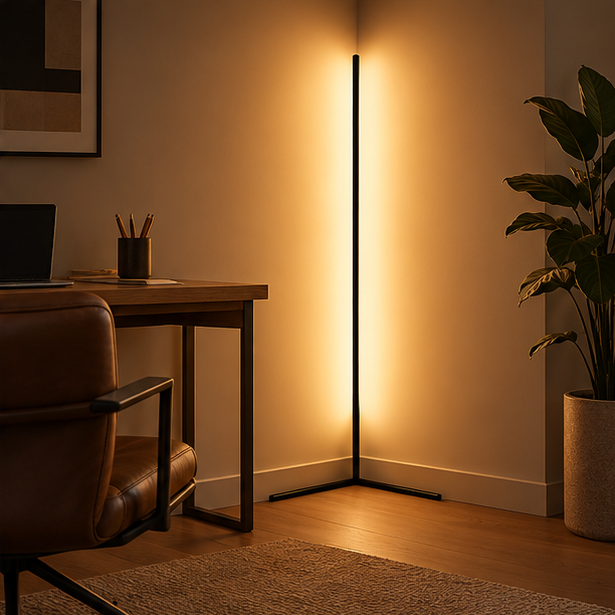 Black corner floor lamp lit warm beside a wooden desk and leather chair in a home office, with a large plant. 3