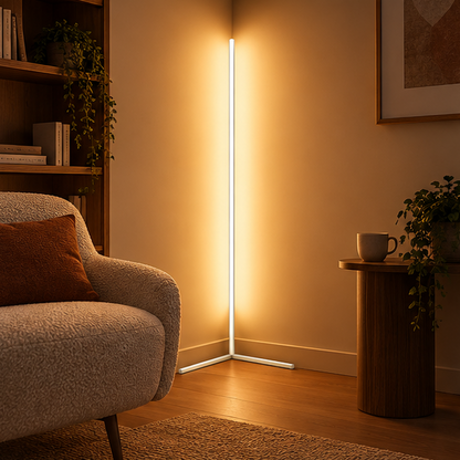 White corner floor lamp giving off warm light in a cosy reading nook with a textured armchair, bookshelf and mug. 2